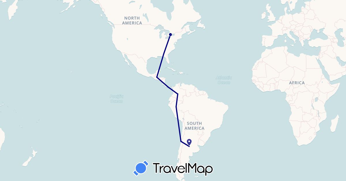 TravelMap itinerary: driving in Argentina, Canada, Chile, Colombia, Guatemala, Panama, Peru (North America, South America)